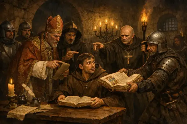 Biskup i mnisi dyskutują nad księgą, w mrocznym pomieszczeniu. Widać żołnierzy, świece i symbole religii.