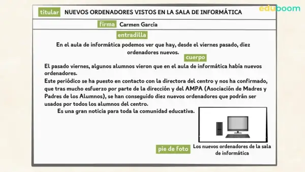 Noticia sobre nuevos ordenadores en el aula de informática, ideal para aprender como escribir una noticia para niños. Incluye foto.