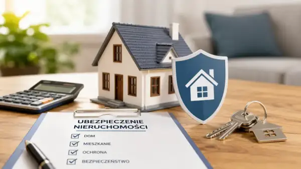 Model domu, tarcza z symbolem domu, klucze i kalkulator na biurku. Dokument "Ubezpieczenie nieruchomości" sugeruje, że ubezpieczenie mieszkania cena jest kluczowym elementem.