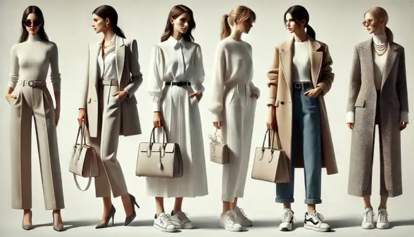 Sześć kobiet prezentuje stylizacje, od eleganckich po **elegancki casual**. Widać płaszcze, garnitury, sukienki i spodnie w stonowanych kolorach.
