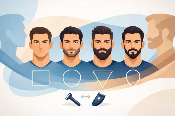 Quatre hommes présentent différents styles de barbe, du rasage net à la barbe basse. Des formes géométriques et des outils de rasage illustrent les options.
