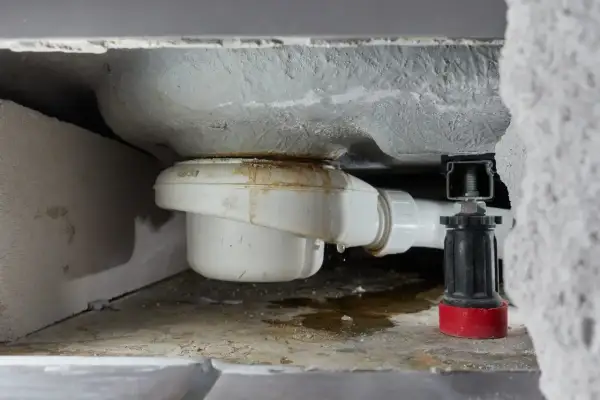 Undichter Duschabfluss mit Wasserflecken. Zeit, den abfluss dusche undicht reparieren.