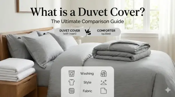 A neatly made bed with grey striped bedding. Text asks "What is a duvet cover?" and compares it to a comforter, detailing washing, style, and fabric.
