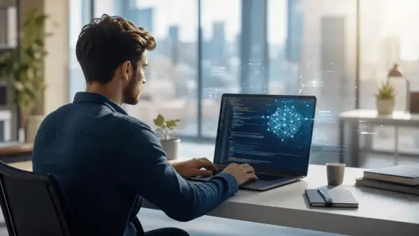 Młody programista na stażu pracuje przy laptopie, na ekranie którego widać kod i wizualizację sieci neuronowej.