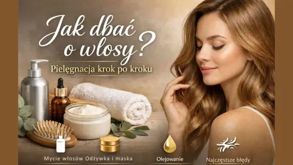 Kobieta z lśniącymi włosami i kosmetykami do pielęgnacji. Poradnik: kolejność nakładania kosmetyków na włosy, od mycia po olejowanie.