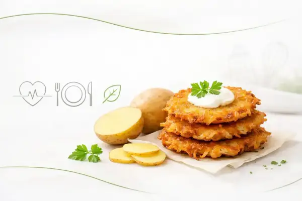 Stos placków ziemniaczanych z kleksem śmietany i natką pietruszki, obok ziemniaków. Zastanawiasz się nad placek ziemniaczany kcal?