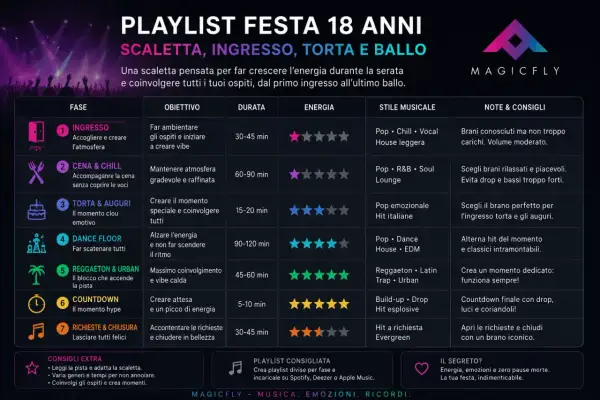 Scaletta per feste di compleanno adulti: dall'ingresso alla dance floor, con canzoni per ogni momento.