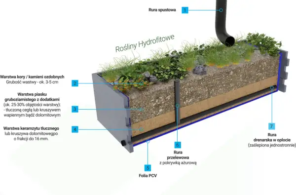 Przekrój ogrodu deszczowego z roślinnością hydrofitową, pokazujący warstwy: kora, piasek, keramzyt, folia PCV, rury spustowa, przelewowa i drenarska.