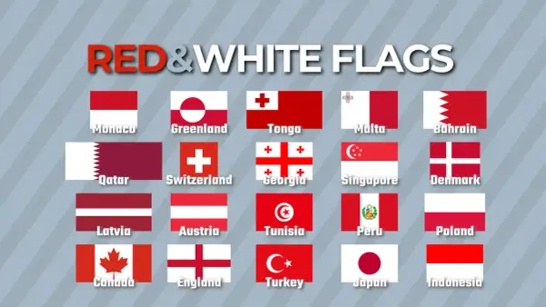 Bandiera bianca e rossa mare: un collage di bandiere nazionali, tra cui Monaco, Tonga, Malta, Bahrain, Qatar, Svizzera, Georgia, Singapore, Danimarca, Lettonia, Austria, Tunisia, Perù, Polonia, Canada, Inghilterra, Turchia, Giappone, Indonesia.