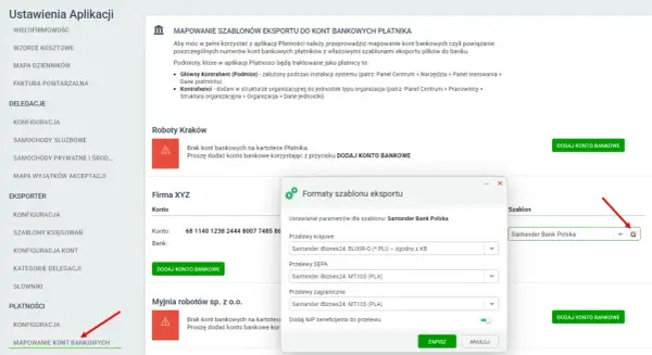 Konfiguracja szablonów eksportu do kont bankowych płatnika. Wybór rodzaju konta bankowego dla przelewów krajowych, SEPA i zagranicznych.