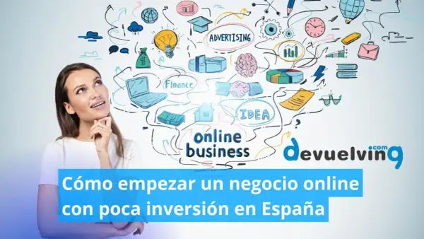 Mujer pensando en cómo montar un negocio online sin dinero. Ilustración de ideas, finanzas y éxito.
