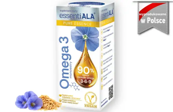 Opakowanie suplementu diety Omega 3 dla niemowląt, z wizerunkiem kropli oleju i kwiatów lnu.