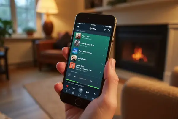 Dłoń trzyma smartfon z aplikacją Spotify, gotową do odtworzenia muzyki, np. z playlisty Yamaha.