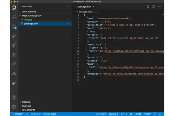Configuration du projet pour créer un projet Node.js avec Express. Le fichier `package.json` liste les dépendances et scripts.