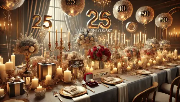 Tavola apparecchiata per nozze anniversari, con palloncini a forma di numeri, candele accese, fiori e regali.