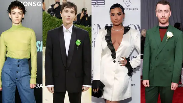 Cuatro famosos no binarios: una persona con un top verde y pantalones azules, Elliot Page con esmoquin, Demi Lovato con un traje blanco y Sam Smith con traje verde.