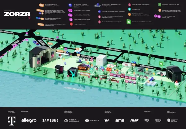Mapa festiwalu ZORZA Poznań z zaznaczonymi punktami: parkingi, gastronomia, punkty medyczne, strefy VIP i inne.