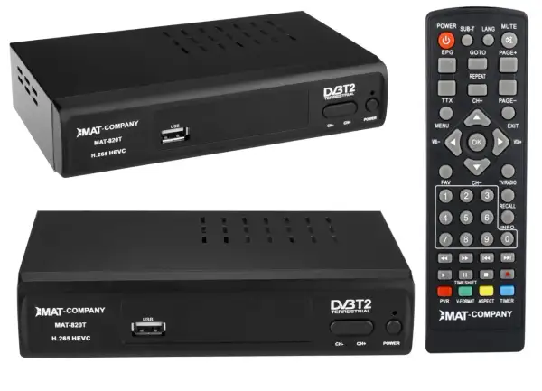 Dwa dekodery DVB-T2 MAT-820T z obsługą HEVC i pilot.