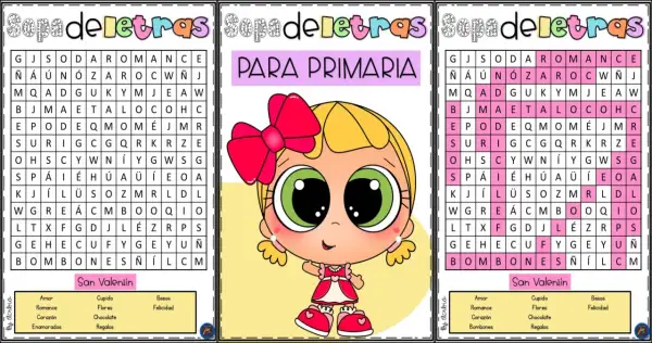 Juego de sopa de letras para primaria con temática de San Valentín. Busca las palabras escondidas como "amor", "romance" y "bombones".