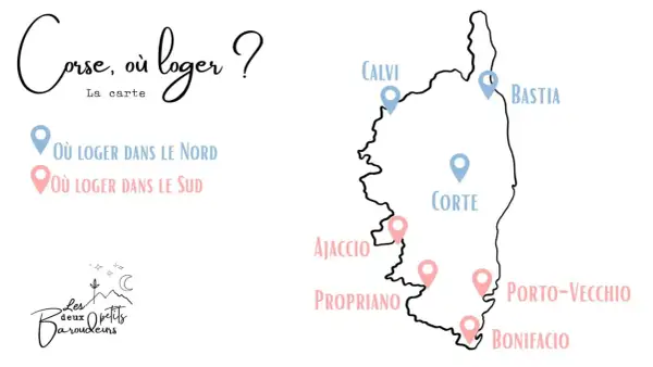 Carte de la Corse indiquant les lieux où loger, avec Ajaccio et Bonifacio mis en avant.
