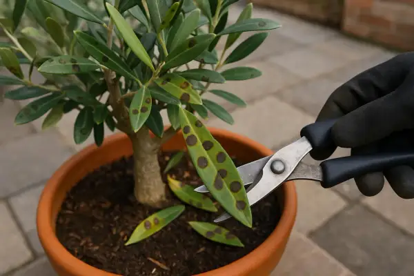 Gefleckte Blätter an einem Olivenbaum deuten auf Krankheiten hin. Eine Hand mit Handschuh schneidet befallenes Blatt ab.