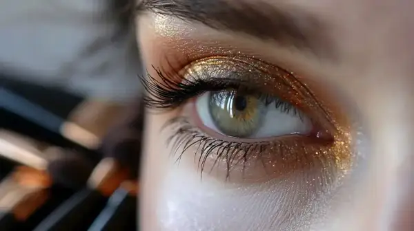 Un œil vert aux reflets dorés, sublimé par un maquillage scintillant. Des paillettes et des ombres chaudes illuminent le regard, accentuant la profondeur des yeux marrons.