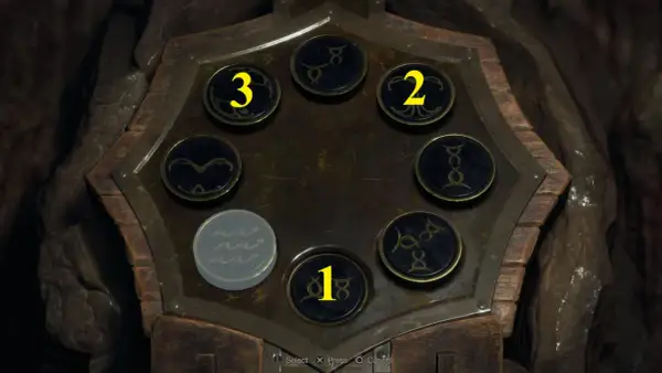 Zagadka z Resident Evil 4: sześć okrągłych przycisków z symbolami, trzy ponumerowane.