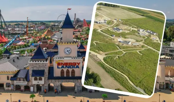 Energylandia: od budowy do zabawy. Widać plac budowy i gotowy park rozrywki, który powstał w 2014 roku.