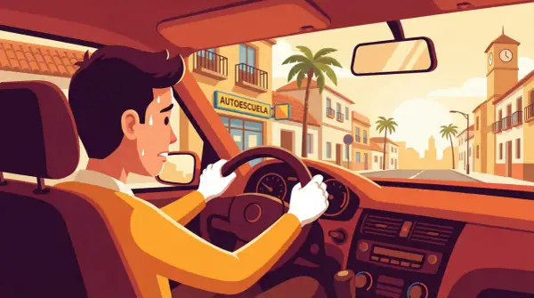 Hombre sudando al volante, con el cartel de "AUTOESCUELA" al fondo. Claros nervios examen conducir.