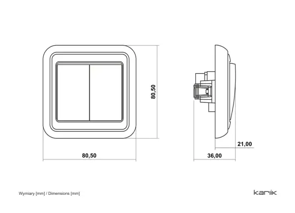 Schemat łącznika świecznikowego dwuklawiszowego. Wymiary: 80,50 mm x 80,50 mm, głębokość 36 mm, wysokość 21 mm.