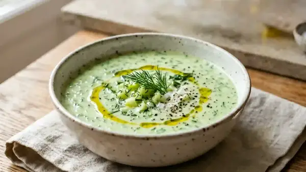 Un bol de soupe de concombre crémeuse, garnie d'aneth frais, de dés de concombre, d'huile d'olive et de poivre noir. Parfait pour une journée chaude.