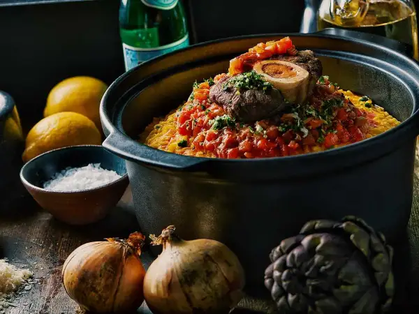 En mustig risotto milanese med en saftig köttbit och tomatsås, omgiven av citroner, lök och kronärtskocka.