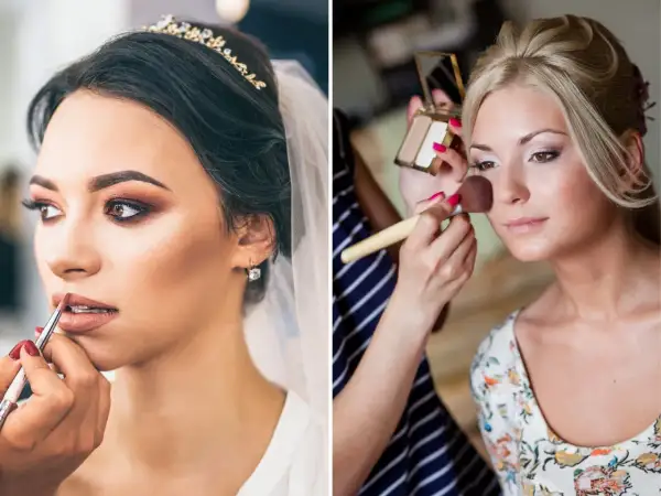 Trucco sposa naturale: un primo piano di due spose che si preparano, una con un velo e una tiara, l'altra mentre riceve un tocco di fard.