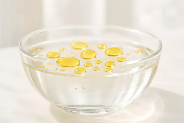 Gocce dorate di olio feci che galleggiano sulla superficie di un liquido trasparente in una ciotola di vetro.