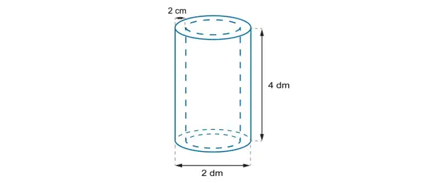 Schemat walca z wymiarami: promień 2 cm, wysokość 4 dm, średnica 2 dm. Oblicz objętość walca.