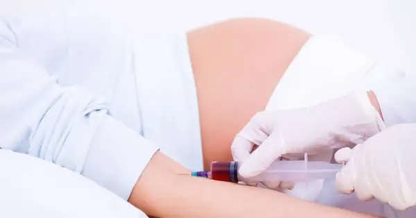 Pobieranie krwi u ciężarnej, która jest w 15 tygodniu ciąży. To już czwarty miesiąc, czas na badania.