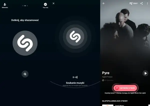Aplikacja Shazam szuka odpowiedzi na pytanie: jaka to piosenka? Widoczny jest utwór "Pyre" Agent Fresco.