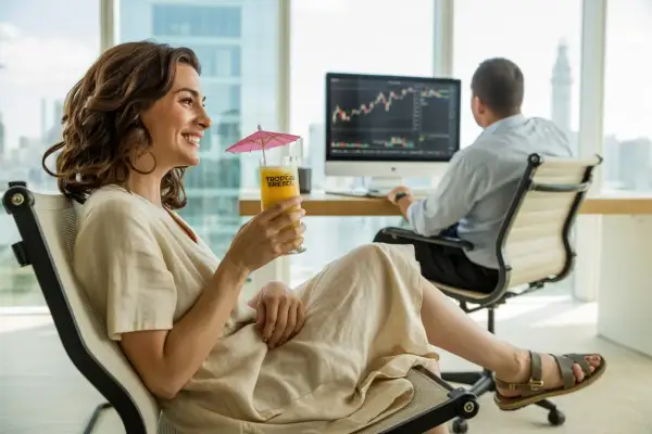 Kobieta z drinkiem i parasolką obserwuje wykresy na monitorze, podczas gdy mężczyzna pracuje. Czy trading jest legalny? Tak, a wyniki mogą być relaksujące.