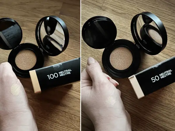 Warm beige jaki to kolor? Dwa odcienie podkładu w kompakcie: 100 i 50. Na dłoni testowany kolor.