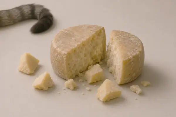 Un trozo de queso duro, partido en dos, con trozos pequeños esparcidos. La cola de un gato se asoma, sugiriendo que los gatos pueden comer queso.