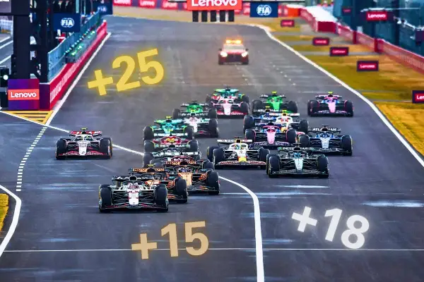 Carreras de F1 en plena acción, con varios coches compitiendo. Los números +25, +15 y +18 sugieren puntos o posiciones en la qualy F1.