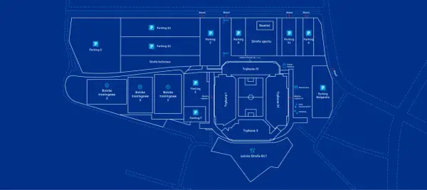 Schemat Enea Stadion Poznań: boiska treningowe, parkingi (A, A1, B, C, D1, D2, E, F, G, Bułgarska), trybuny, restauracja, klub muzyczny.