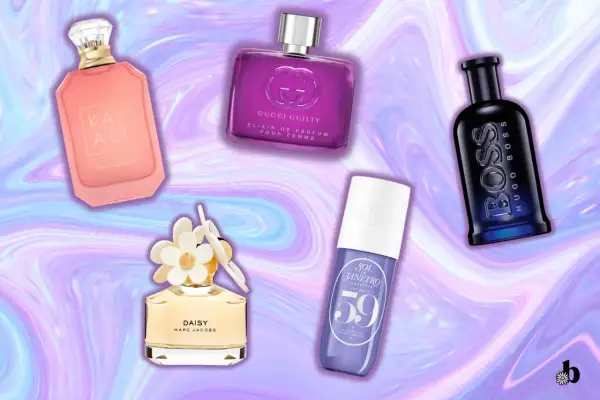 Kolekcja perfum: różowy Kayali, fioletowy Gucci Guilty, żółty Daisy, niebieski Hugo Boss i fioletowy Sol de Janeiro. Intensywna fiołka w tle.