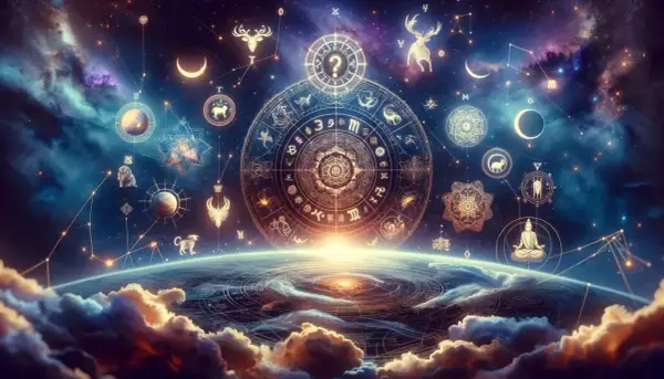 Wszechświat pełen symboli: 4 żywioły, znaki zodiaku, konstelacje i kosmiczna energia.