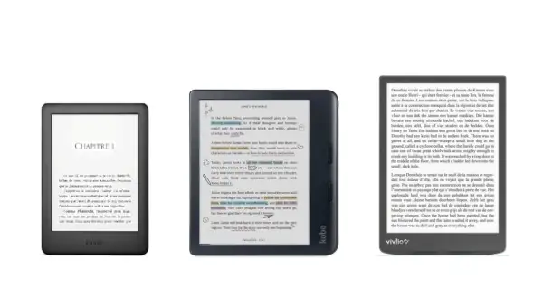 Trois liseuses affichant des livres numériques, dont une Kindle et une Kobo. Ces appareils sont parfaits pour lire des livres dans tous les formats.