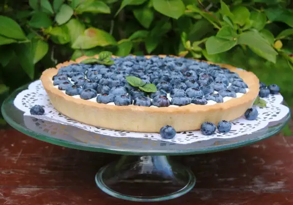 Pyszna tarta z borówkami, udekorowana listkami mięty, prezentuje się apetycznie na szklanej paterze.
