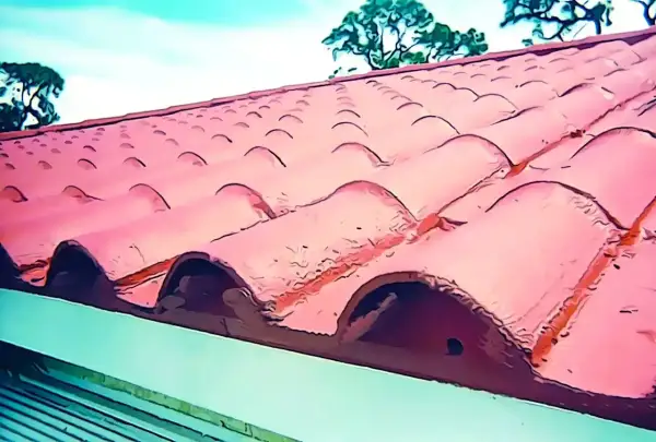 Tejas de terracota rojas y curvas bajo un cielo azul con árboles al fondo.