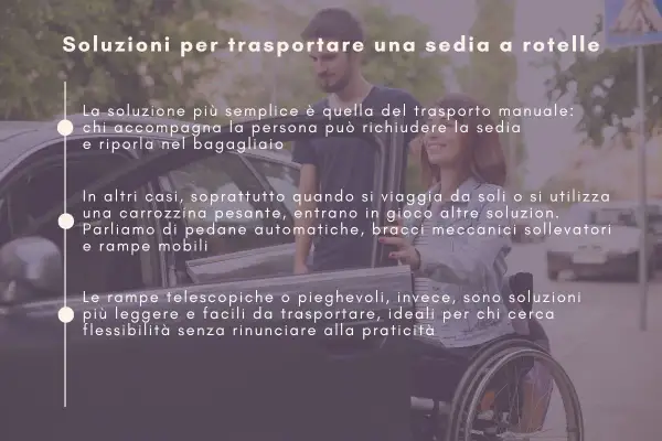 Soluzioni per trasportare una sedia a rotelle: da manuale a rampe telescopiche, per ogni esigenza di carico.