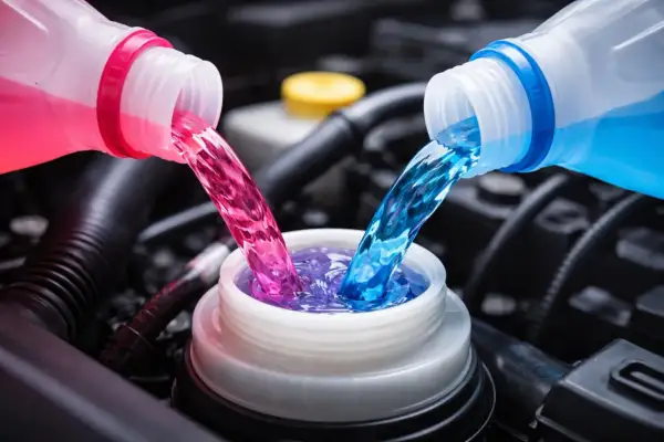 Deux liquides de refroidissement, rose et bleu, se mélangent dans un réservoir. La question est : peut-on mélanger les liquides de refroidissement ?