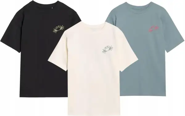 Trzy młodzieżowe T-shirty w kolorach czarnym, kremowym i niebieskim, każdy z nadrukiem kraba.